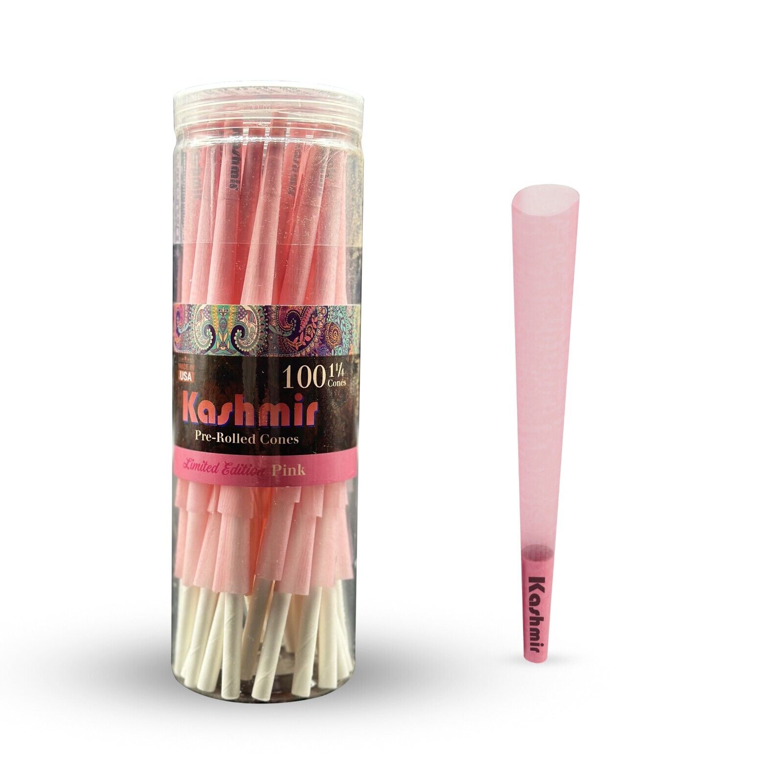 Kashmir Pre Rolled Cones Pink Natural Rolling Papers Cones 1-1/4 100 Ct Jar