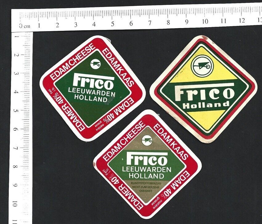 Vintage CHEESE LABELS (7) FRICO Cheese, Netherlands - Wheelbarrow