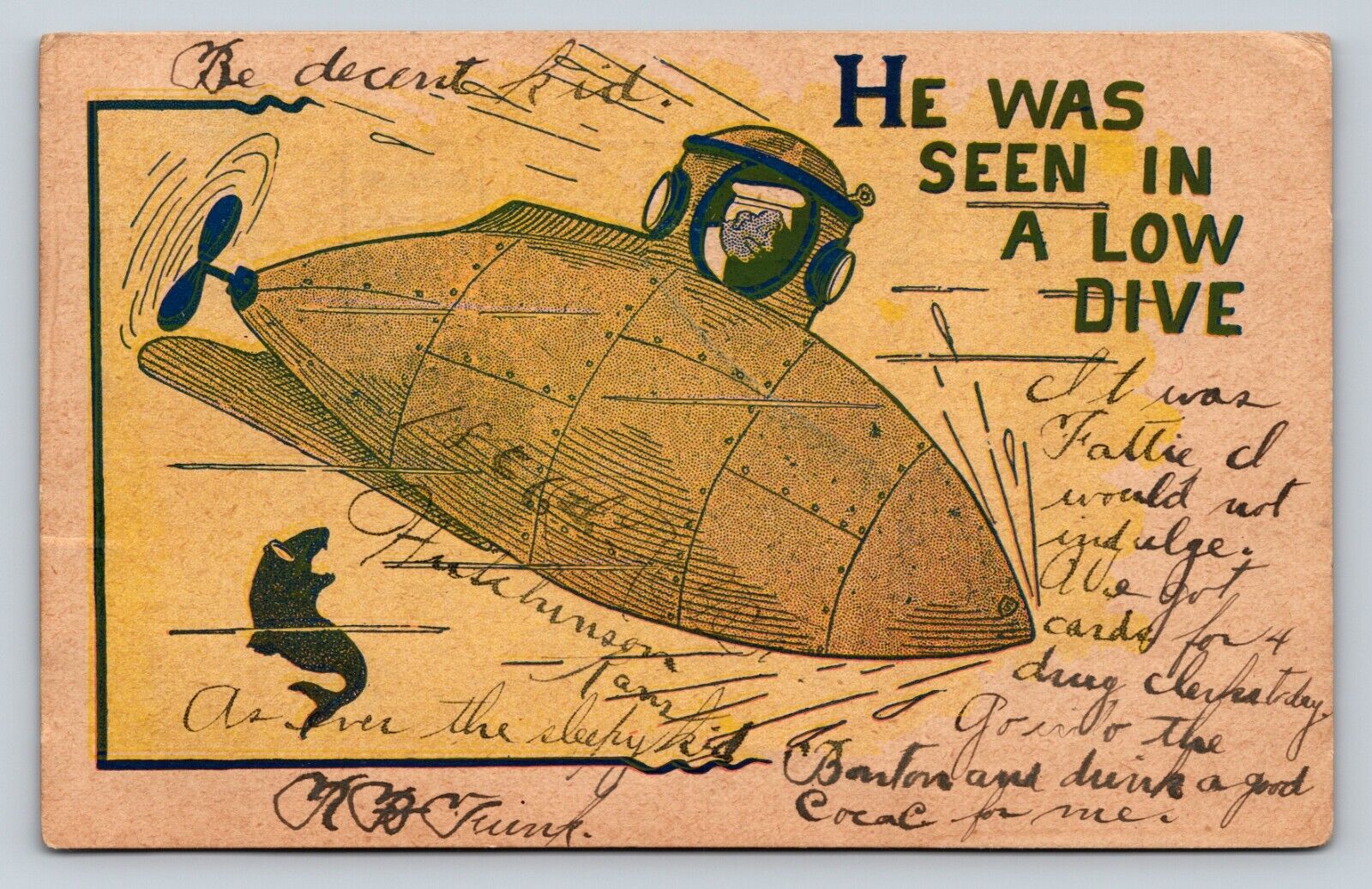 c1908 Submarine Diving He Was Seen In A Low Dive ANTIQUE Postcard