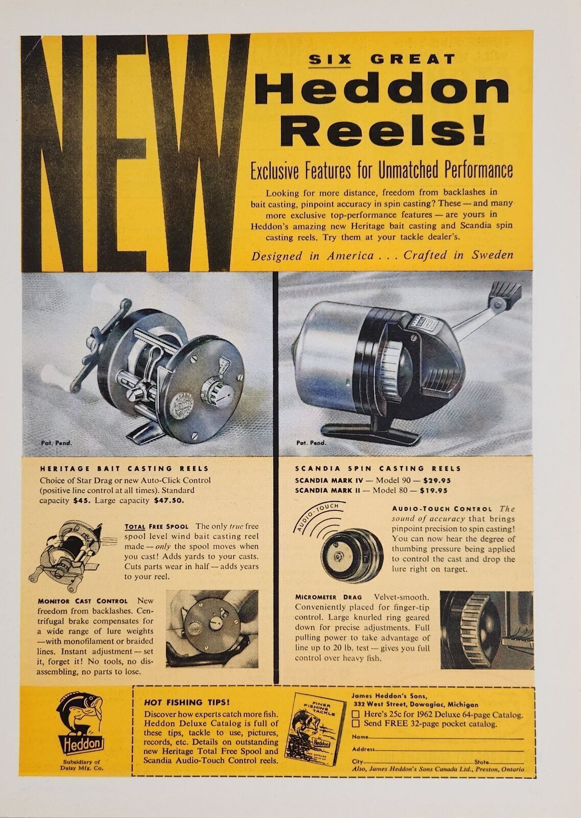1962 Print Ad Heddon Fishing Reels Heritage Bait Cast & Scandia Dowagiac,MI