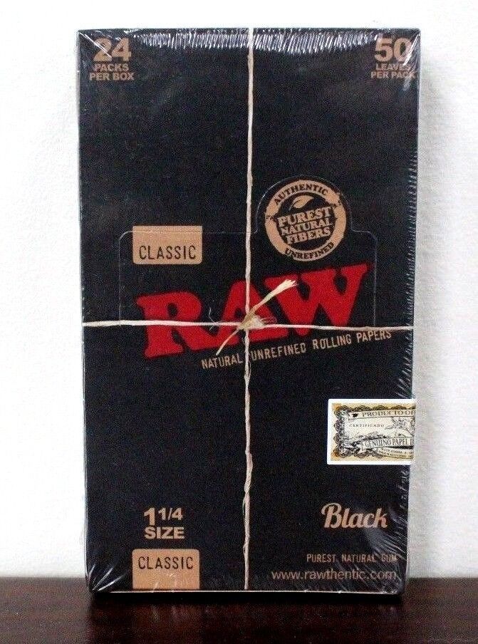 RAW Black Natural Unrefined 1 1/4 (1.25) Cigarette Rolling Papers~24 Packs~NEW