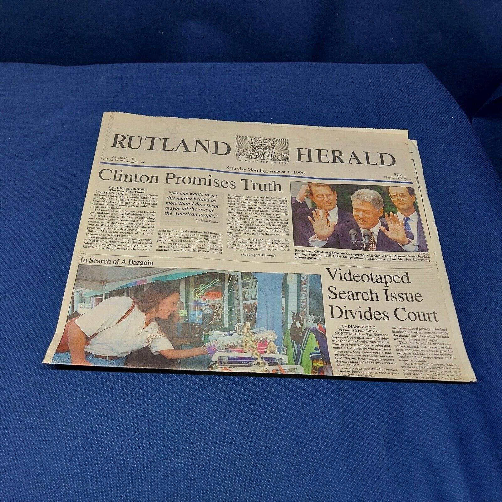1998 August 1, Rutland Herald Newspaper, Vermont, President Clinton & More 