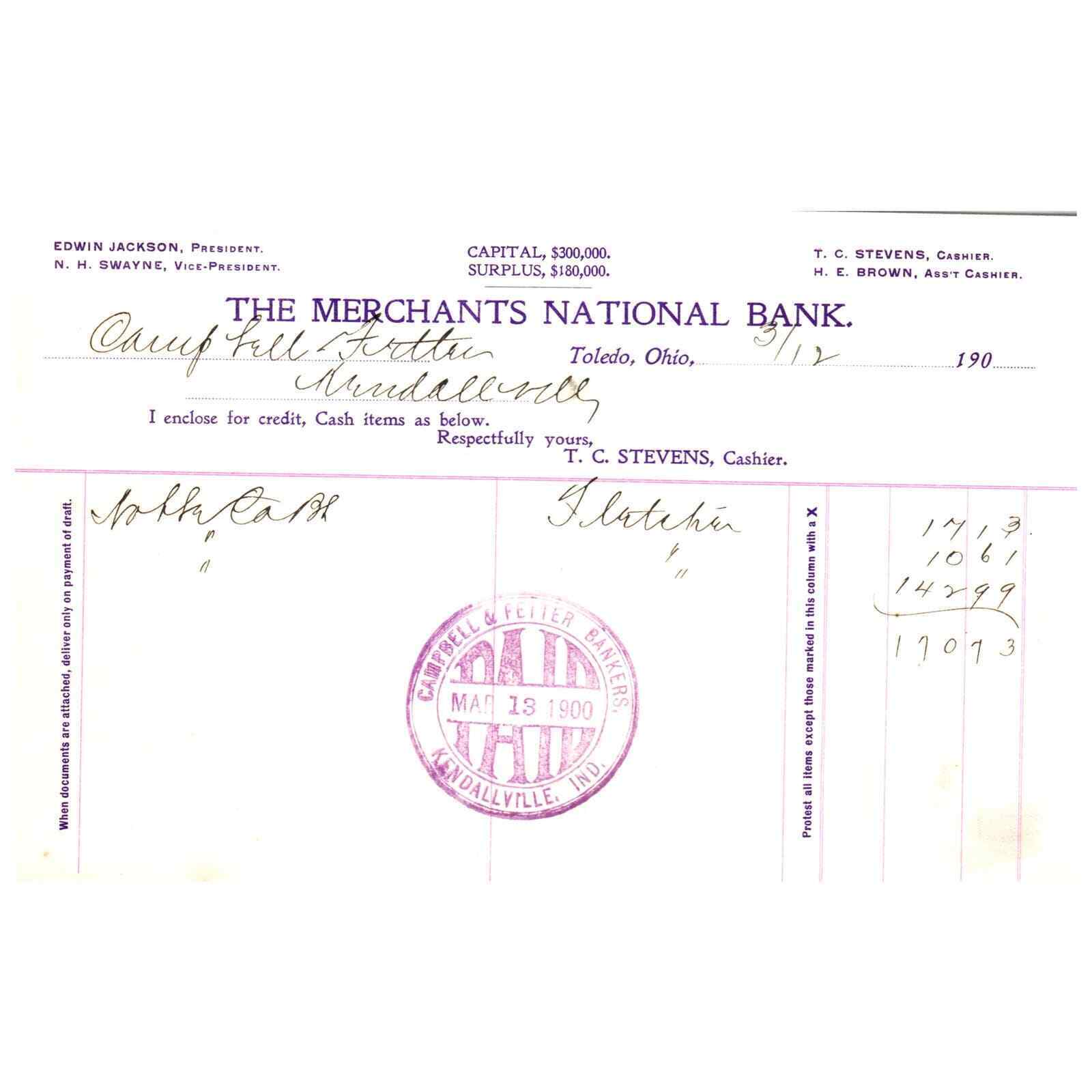 1900 The Merchant\'s National Bank Toledo Billhead Edwin Jackson N.H. Swayne AD8