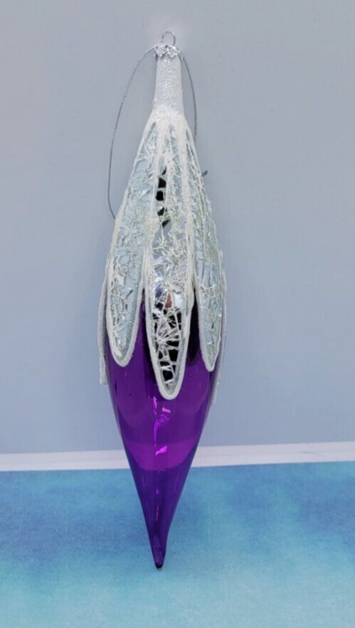 Kurt Adler Purple Mirror Glass Teardrop Elongated Finial Christmas Ornament 10\
