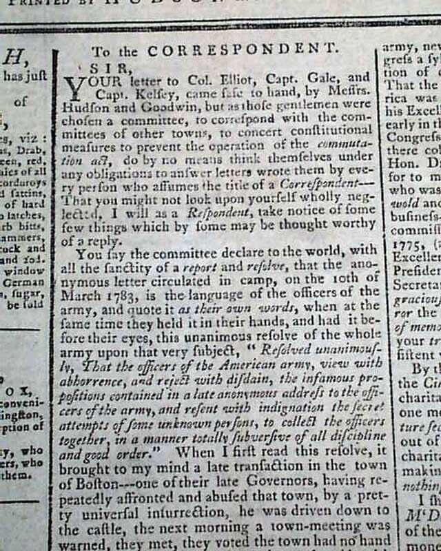 NEWBURGH CONSPIRACY Continental Army & General George Washington 1783 Newspaper 