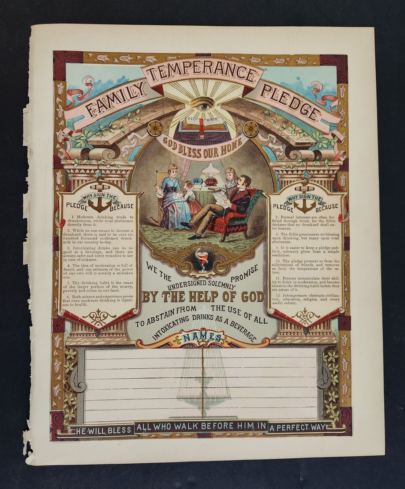 1880s antique bible TEMPERANCE FAMILY PLEDGE certificate PRINT ART illuminated