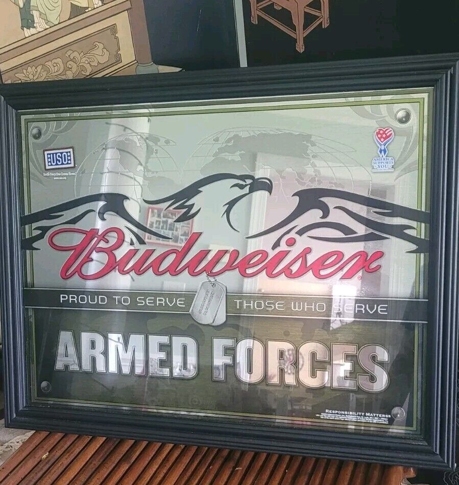 Budweiser Salutes Armed Forces Miltary Beer Framed Mirror Sign Very Rare Read