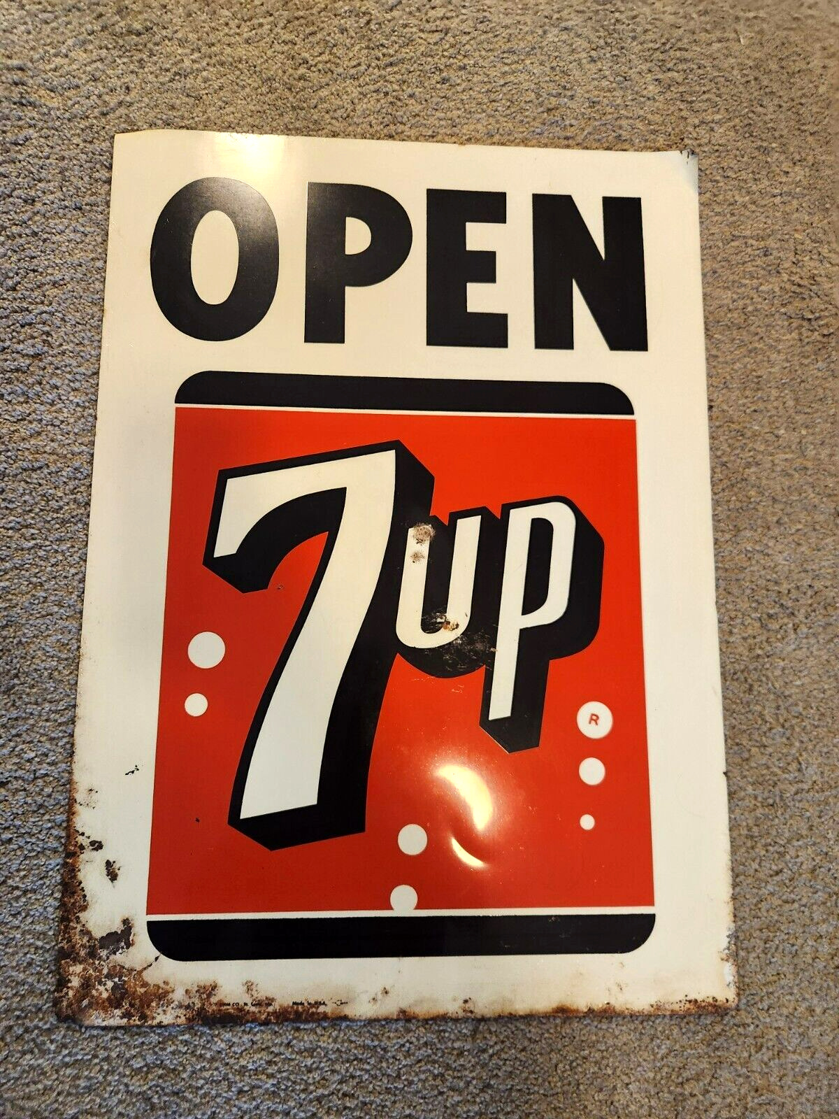 ORIGINAL VINTAGE 1960'S 7UP 7 UP SODA POP TIN TACKER OPEN STORE SIGN