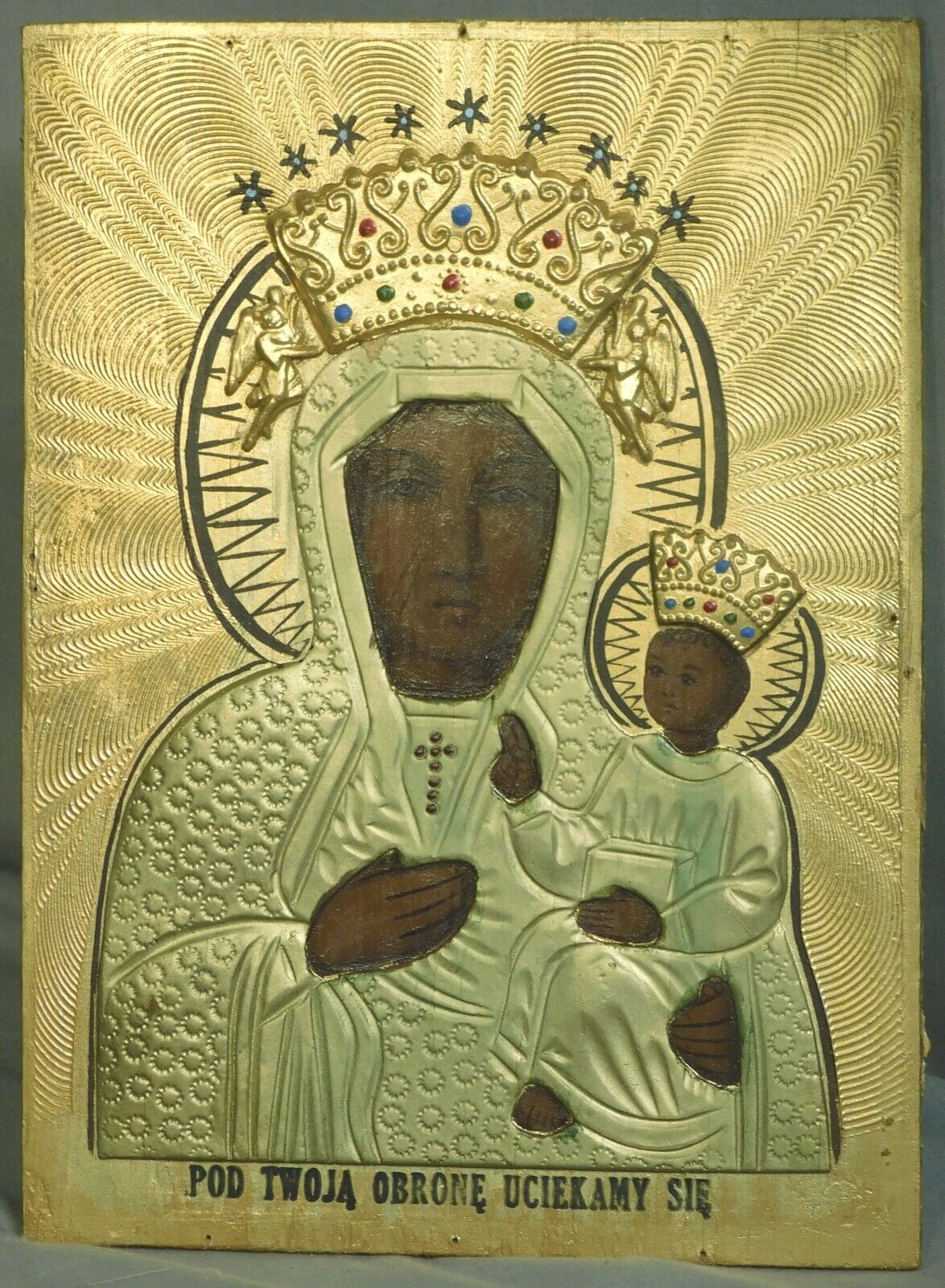 Vintage 1920 Antique Polish Oil Painting Icon Gold Gesso Madonna Child Jesus
