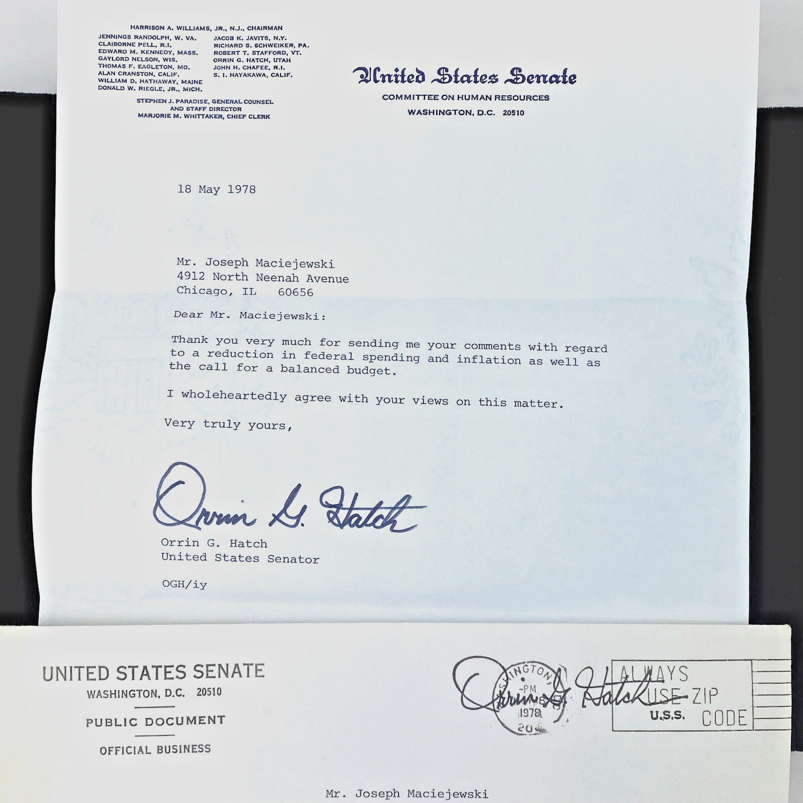 1978 ORRIN HATCH LETTER US Senator Senate Utah Signed Inflation Budget Vintage