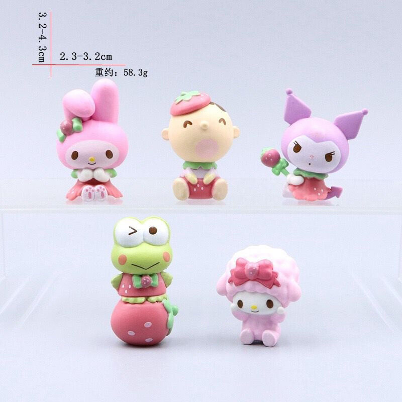 5pcs Cute Strawberry Kuromi My Melody Kerokeroppi Figure 3D PVC Doll Toy Decor