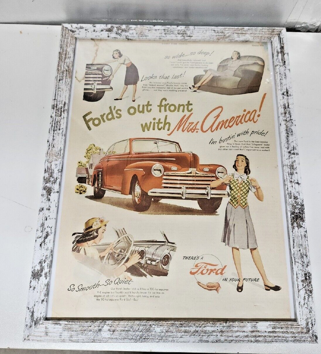 1946 Vintage Framed Automobile Advertising Art Ford Ms America Life Magazine Ad