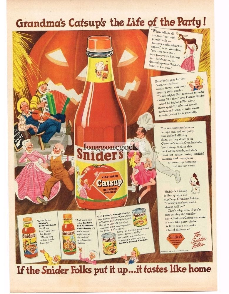 1944 Snider\'s Catsup Halloween Party Pumkin Jack-O-Lantern art Vintage Print Ad 