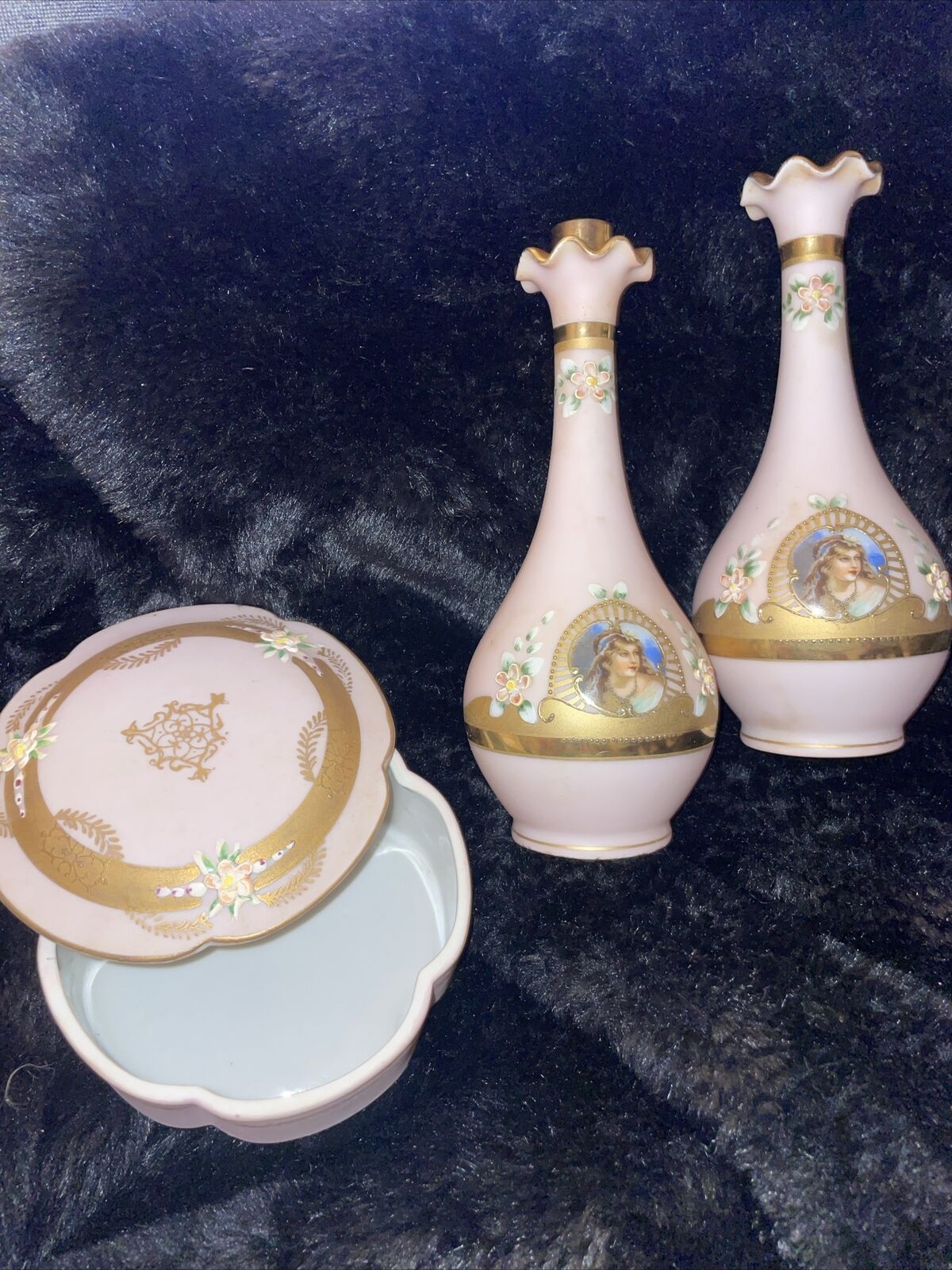 VTG Lot Lenwile Ardalt Hand Painted Porcelain Vases And Dish Pink Woman
