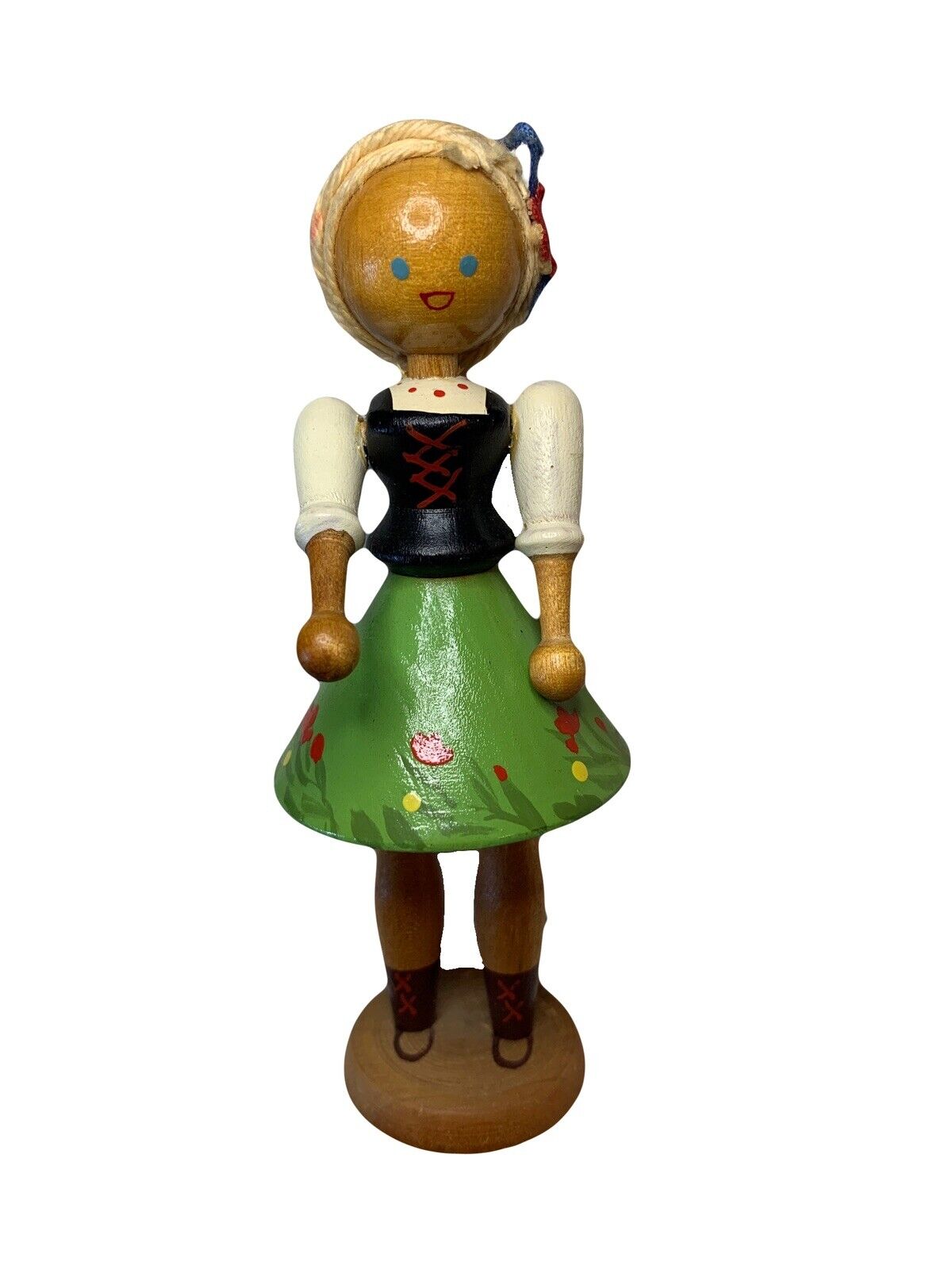 Vintage Adorable Polish Girl In Skirt With Flowers Wood Folk Art Doll Poland