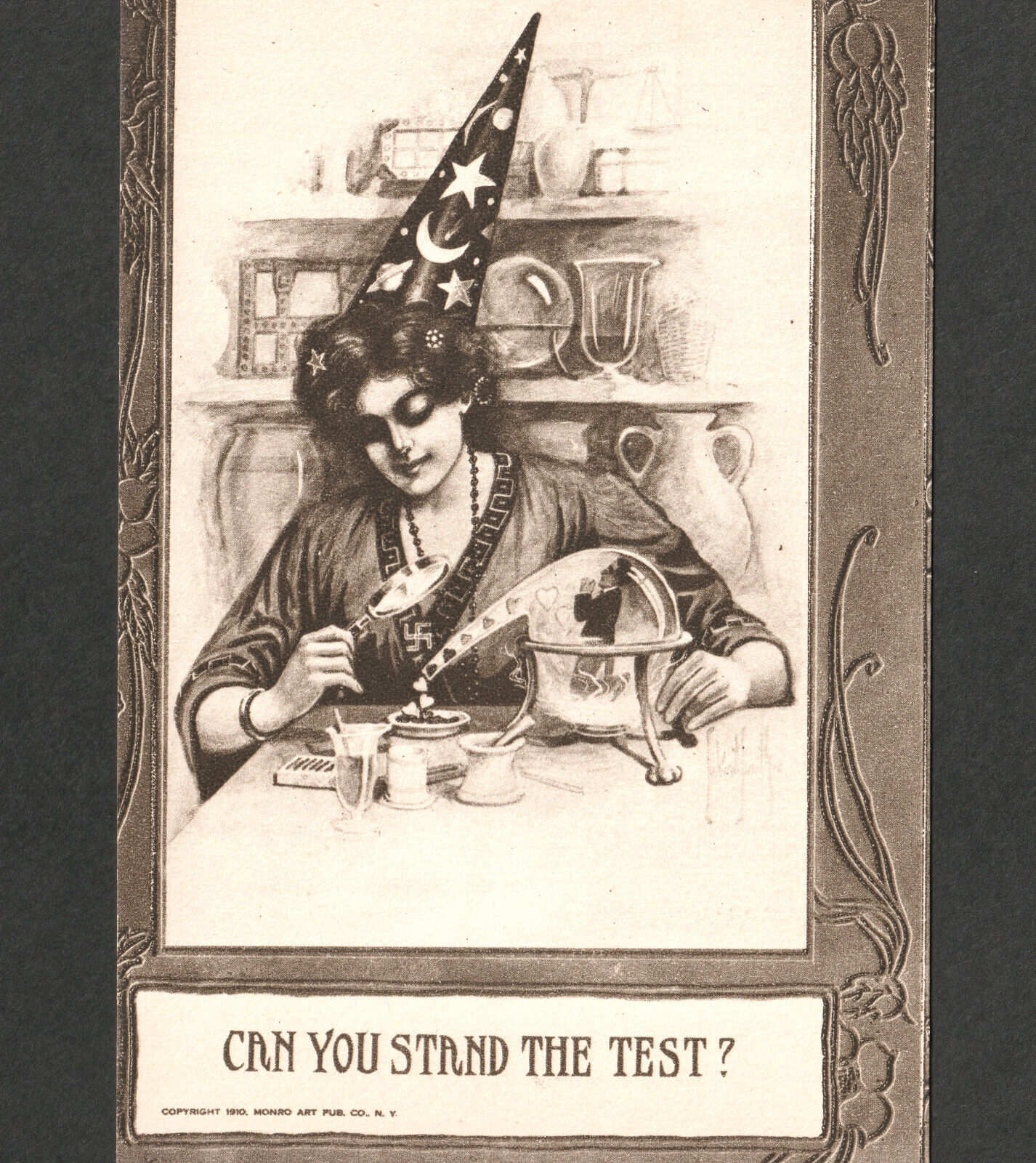 Magic Wizard Witch 1910 Man's Heart Test Alchemy Lady Sorcerer Mage PostCard