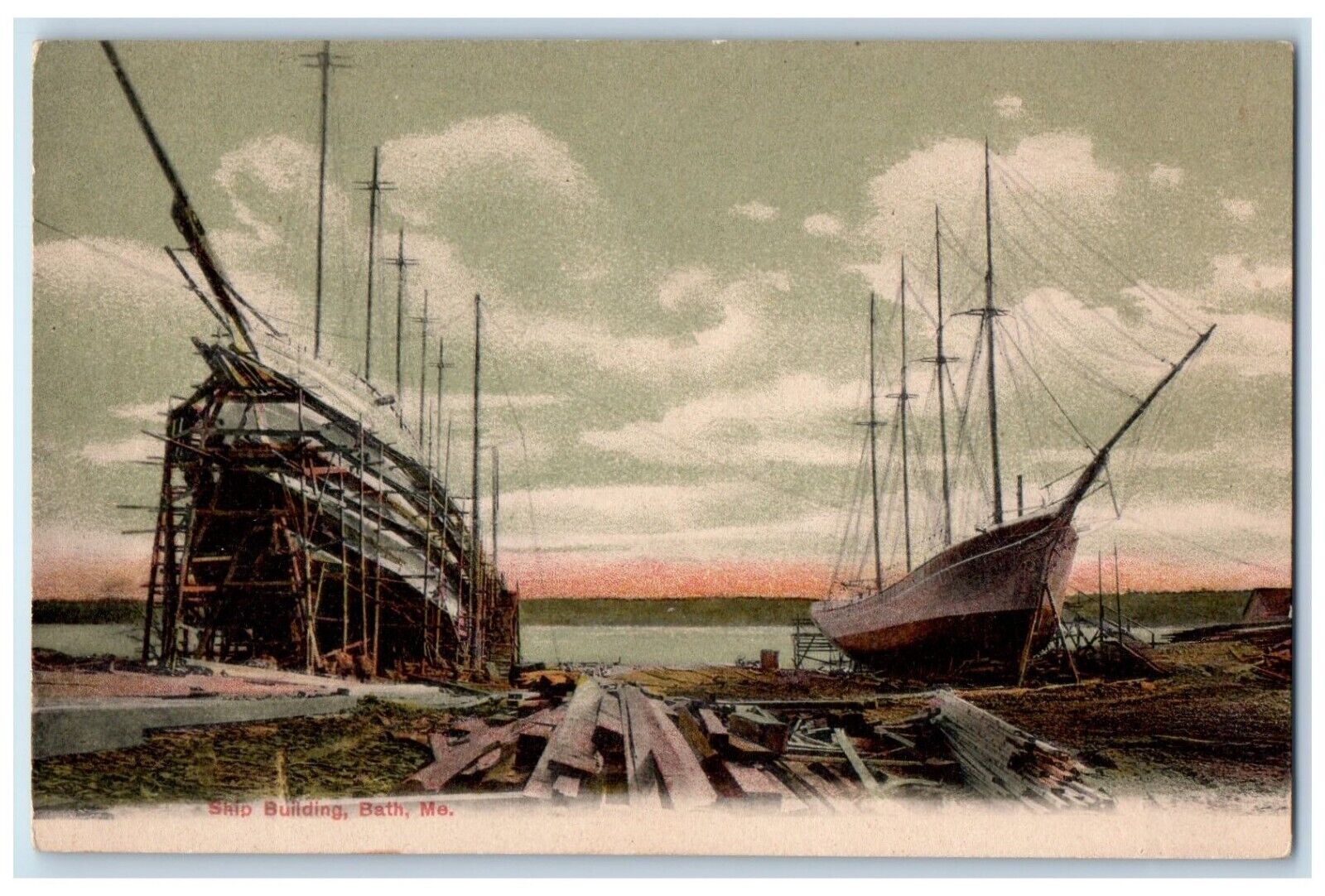 c1905 Ship Building Exterior Logging River Bath Maine Vintage Antique Postcard