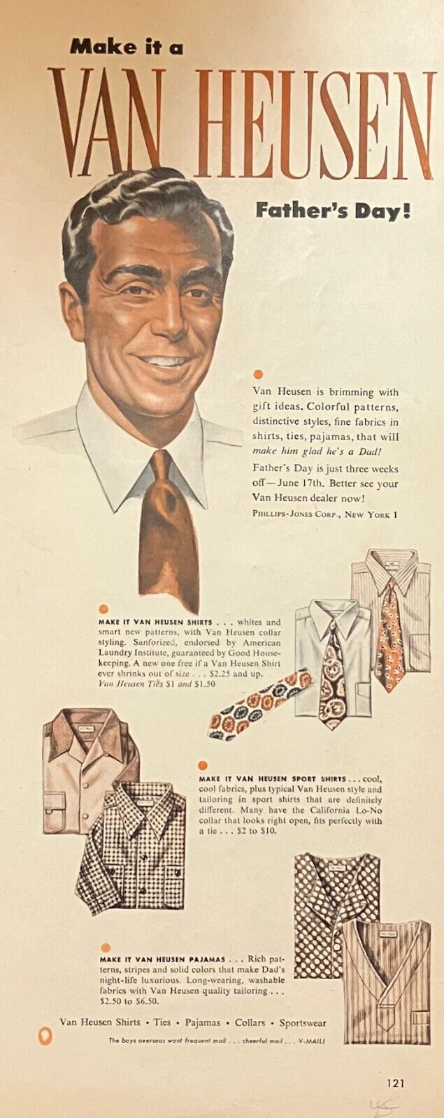 Rare 1940s Vintage Original Van Heusen Mens Fathers Day Fashion Tie Shirt Ad