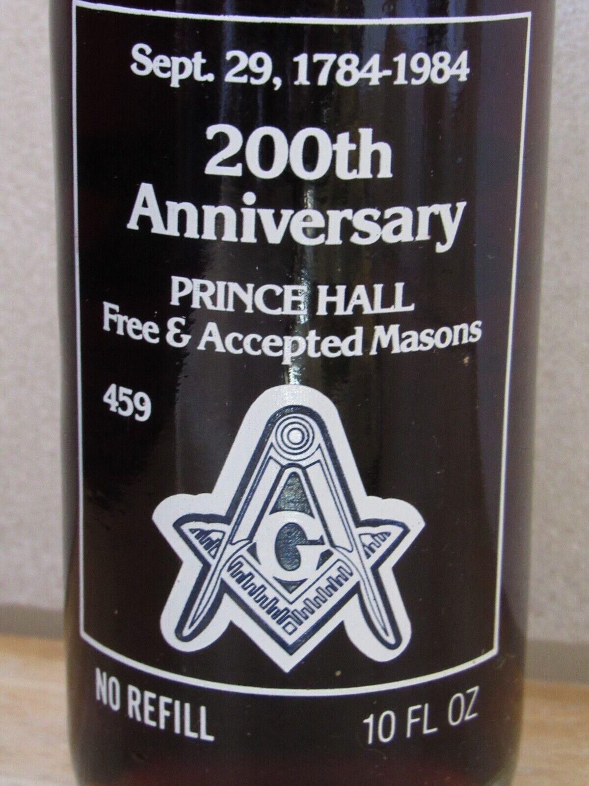 PRINCE HALL Grand Masons - Coca Cola Bottle - 1784-1984  -  Winston Salem, N.C.