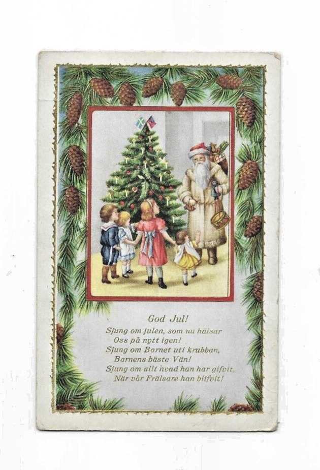 Antique NORWAY GOD JUL Post Card, embossed Santa in White coat, Tree, Children