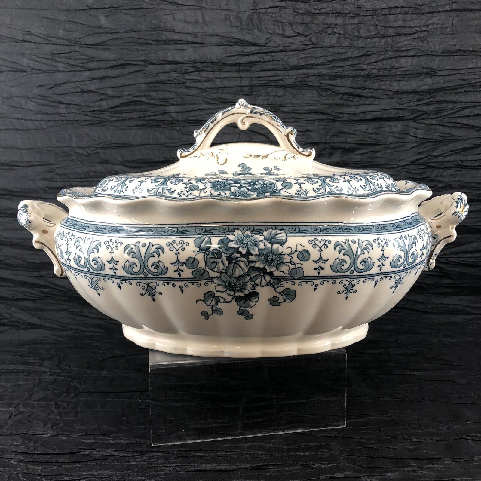 Antique c1894 Keeling & Co Blue Tureen Covered Casserole Oxford England Pottery