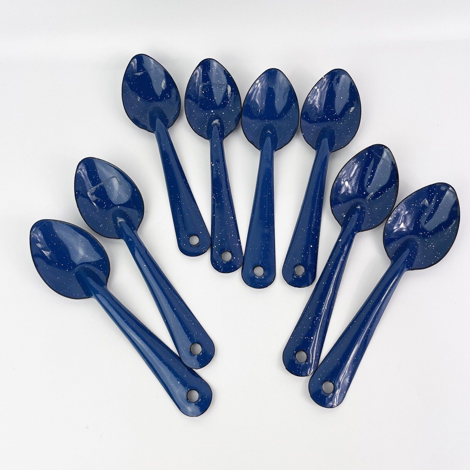 Lot Of 8 Vintage Blue & White Speckled Enamel Spoons Enamelware Camping 6\