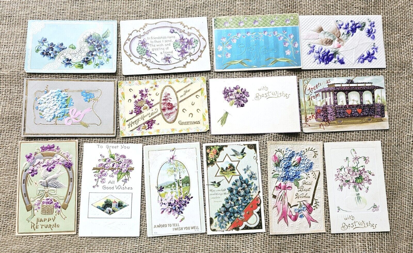 22 Antique Vintage Postcards With Violets Flowers Many Embossed