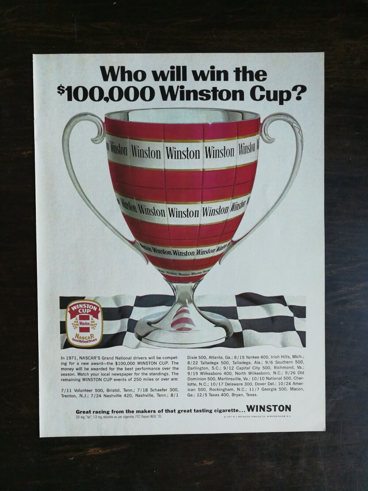 Vintage 1971 Winston Cigarettes The Winston Cup Full Page Original Ad 624