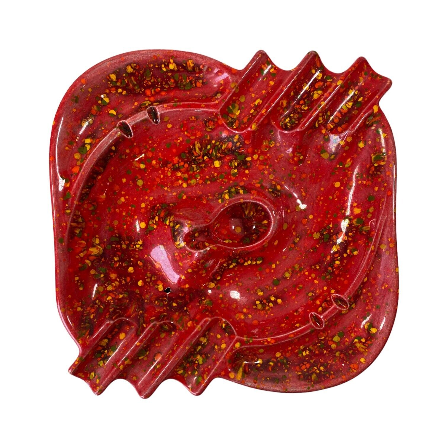 Red Atomic Paint Splatter Mid Century Modern Ashtray Retro Handmade Pottery 11\