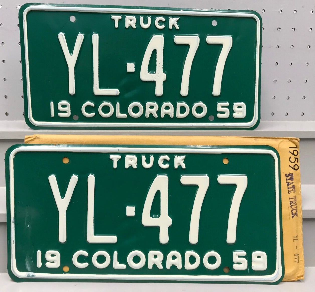 1959 NOS Colorado State Truck License Plate Pair Plates YL-477 Cripple Creek