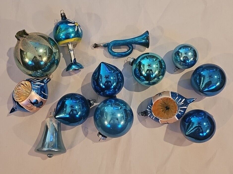 Vintage Poland Shiny Brite Mercury Glass Christmas Ornaments Blue Mixed Lot