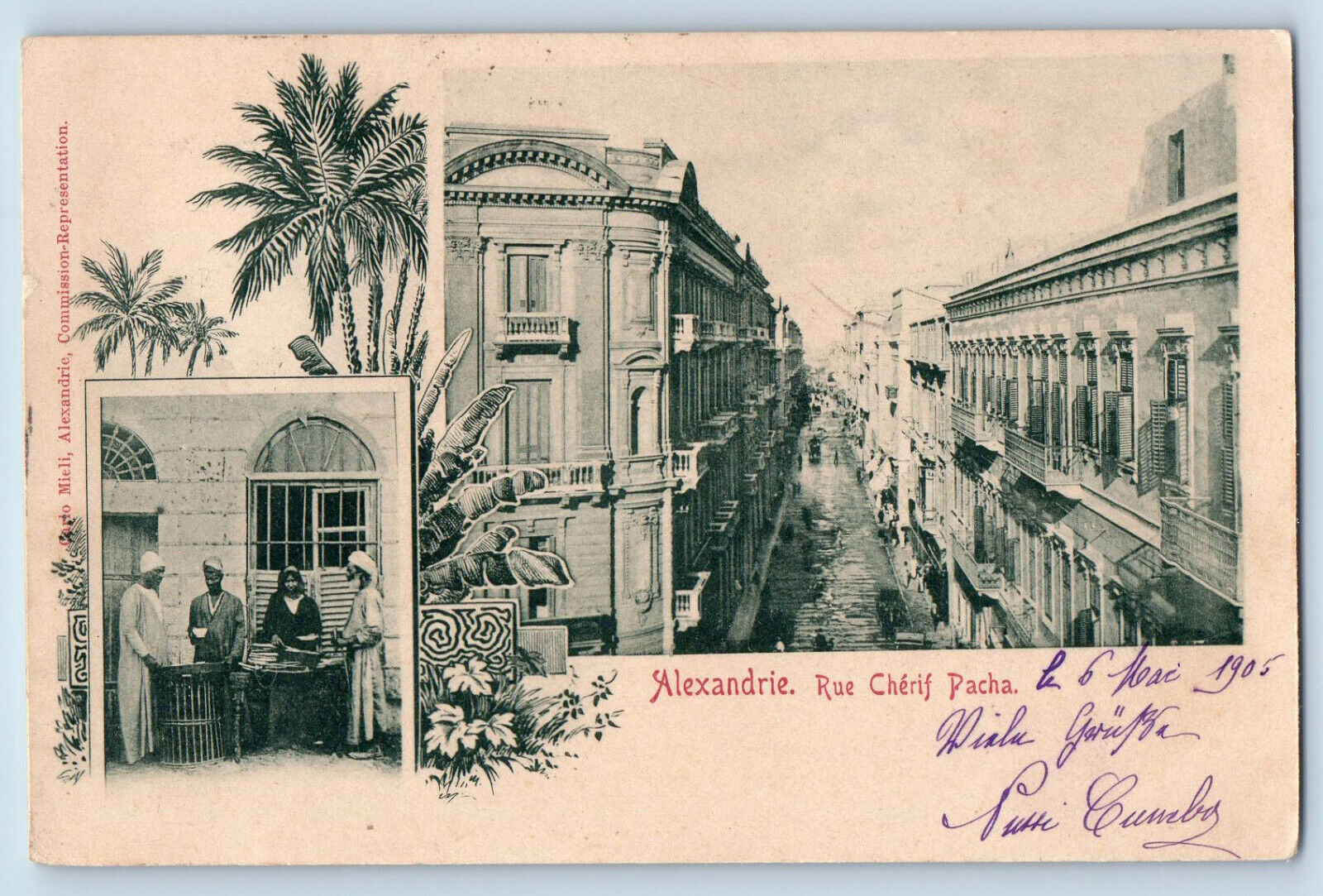 Alexandria Egypt Postcard Şerif Pasha Street 1905 Multiview Antique Posted