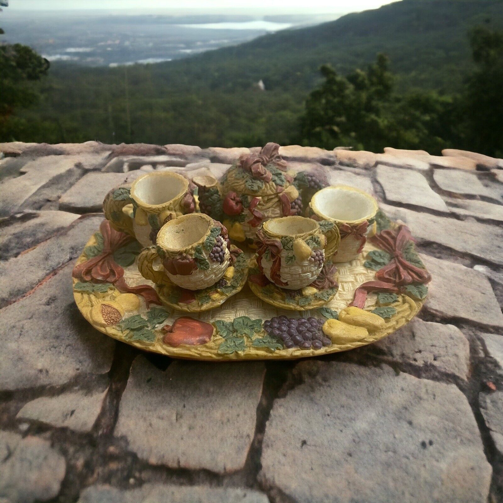 Vintage Miniature Collectible Tea Set 8 Piece Fruit Basket Weave