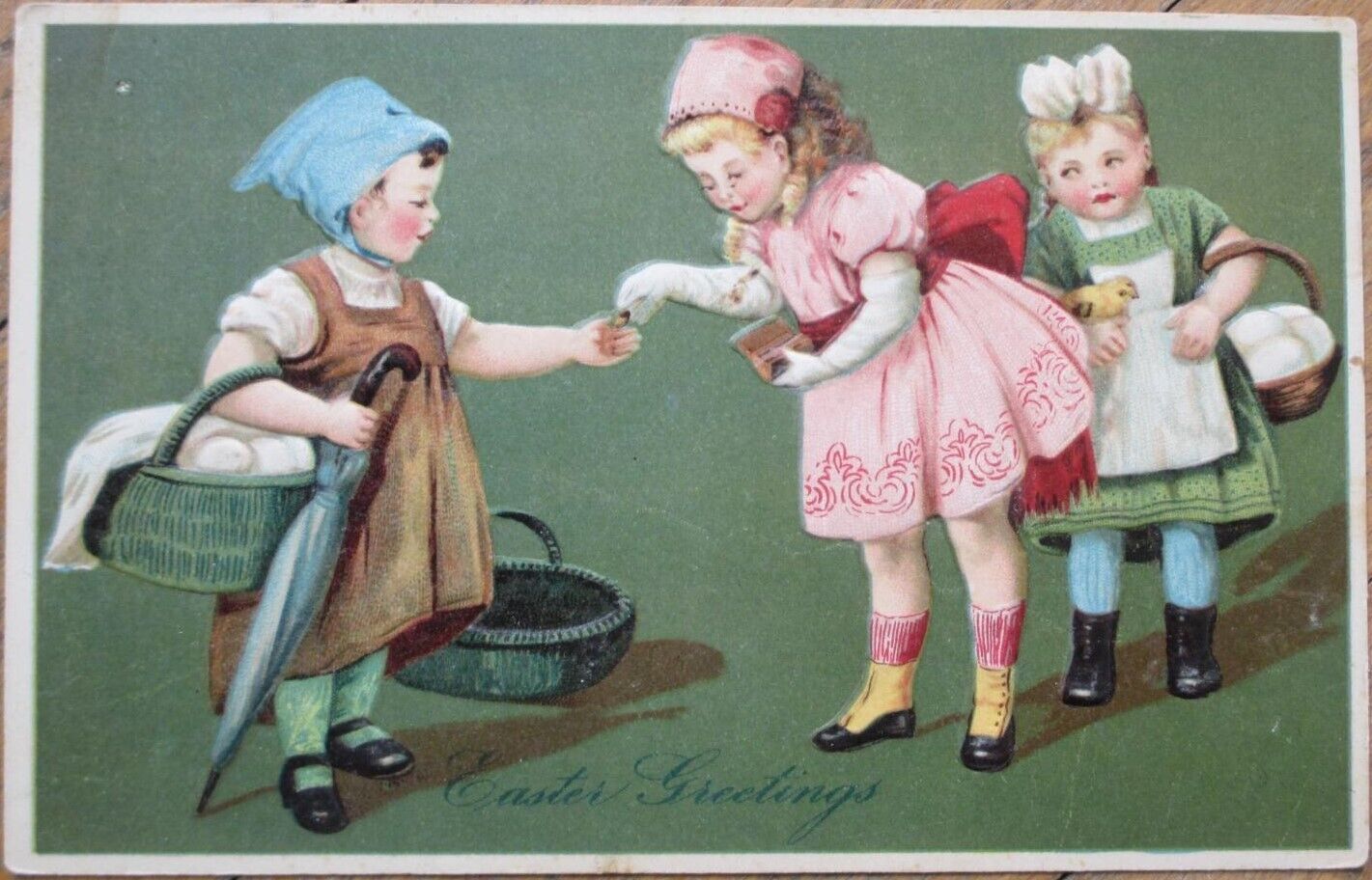 Children, Girl Buying Eggs 1910 Easter Postcard, Embossed Color Litho