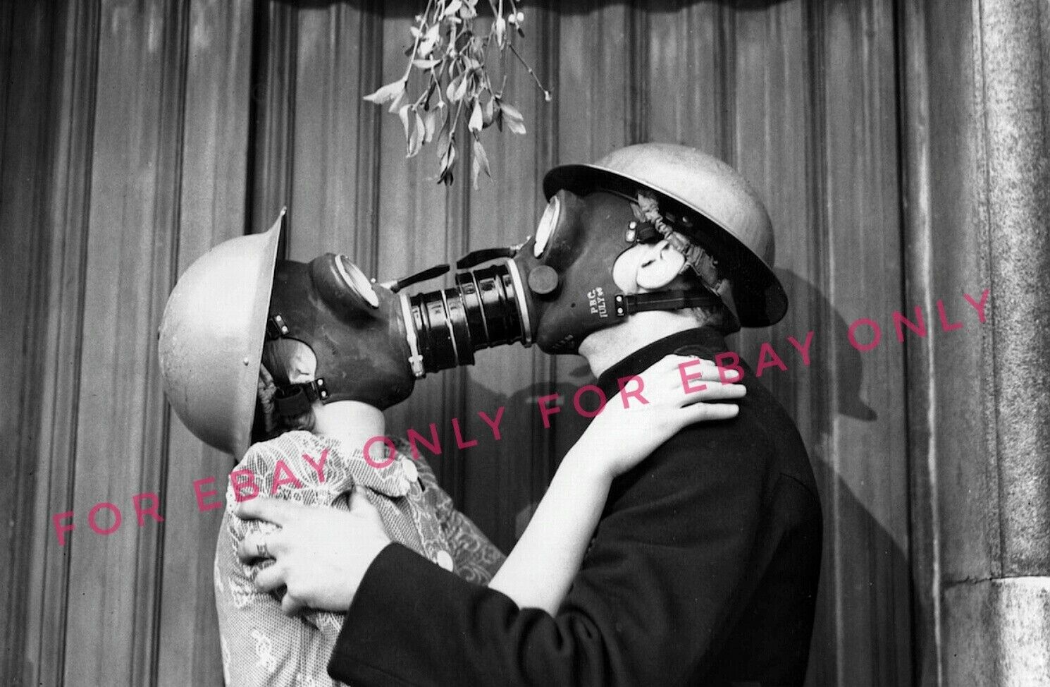 Vintage Old 1940's Photo reprint of Man & Woman Kiss Wearing Gas Masks WWII era