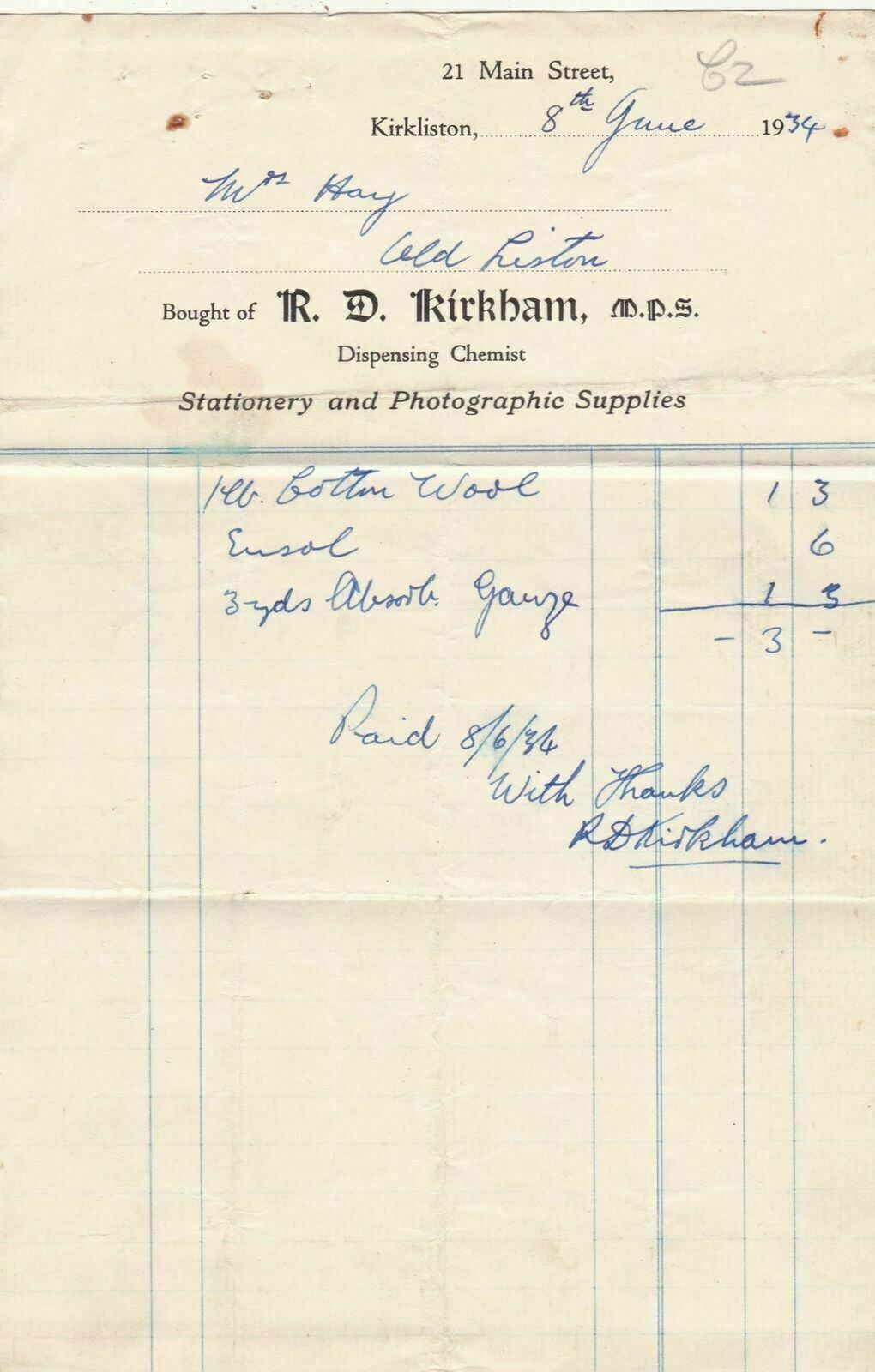 R. D. Kirkham Kirkliston 1934 Dispensing Chemist C.Wool & Gauze Receipt Rf 39170