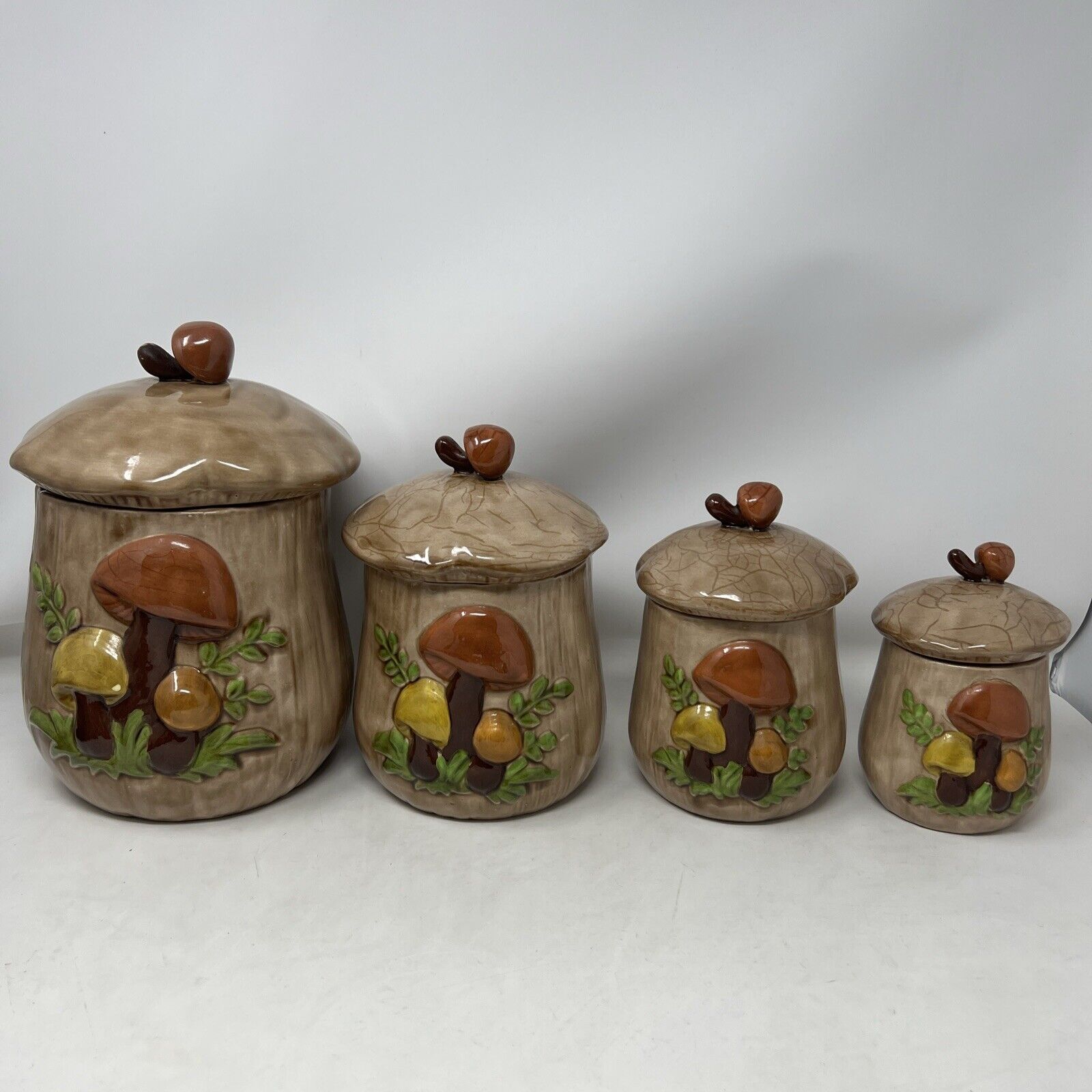 Vintage Brown Ceramic Mushroom Canister 4 Piece Set