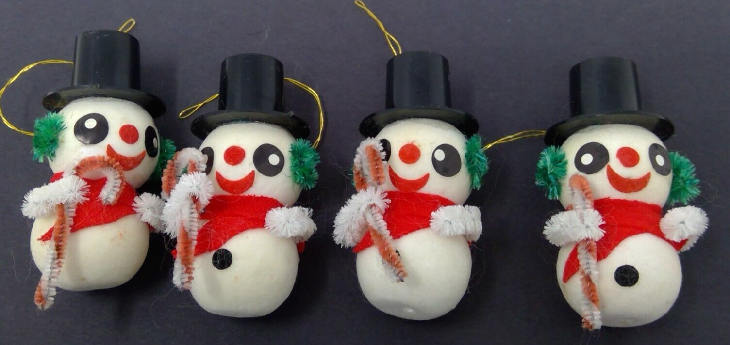 Group of 4 Vintage Made in Japan Foam/Felt Snowmen Holding Candy Cane Ornaments