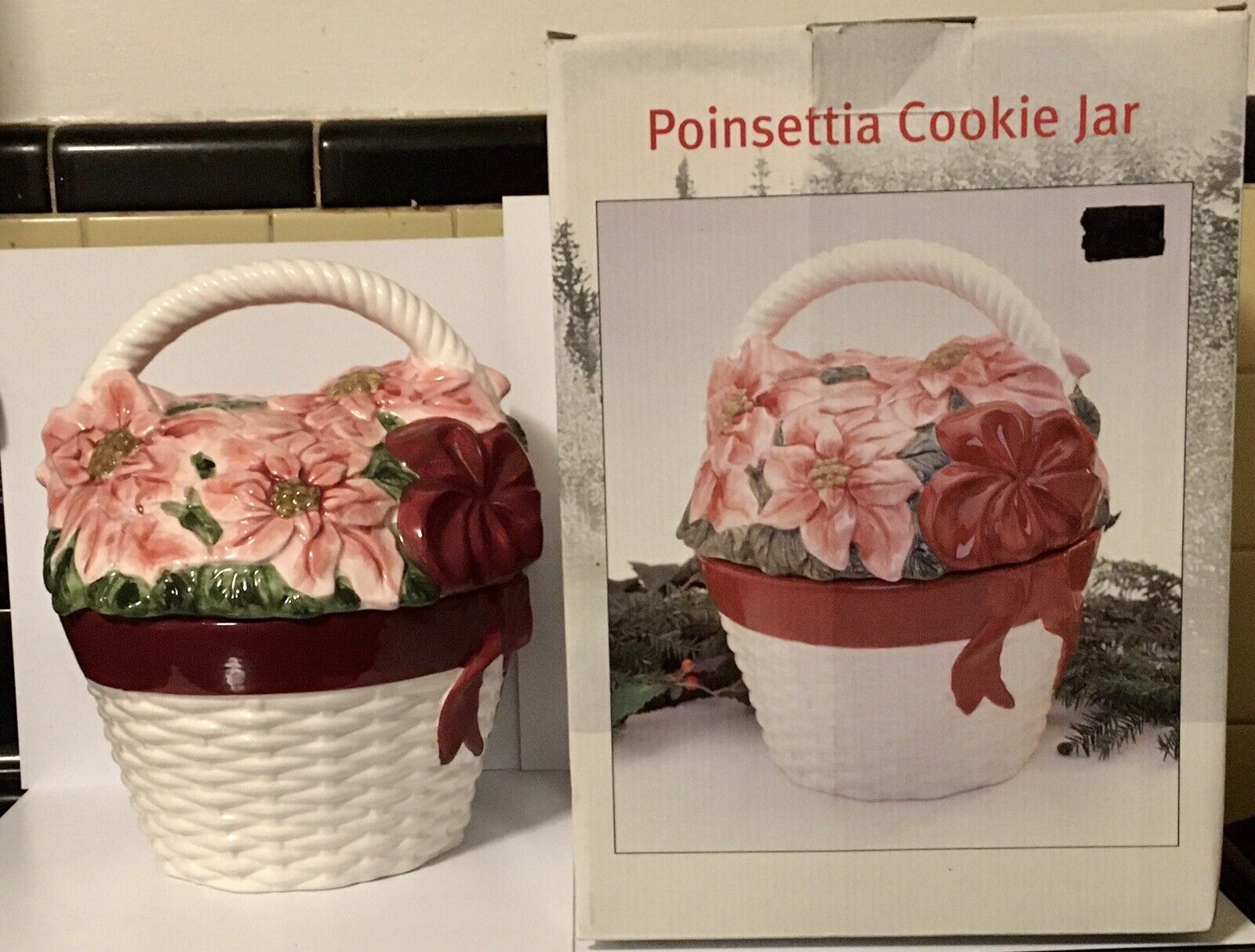 Poinsettia Basket Cookie Jar 1999 Vintage Allure Christmas Holidays Winter & Box