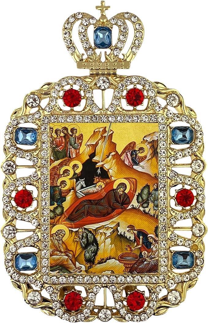 Ornate The Nativity of Christ Greek Byzantine Gold Tone Framed Icon 5.75 In