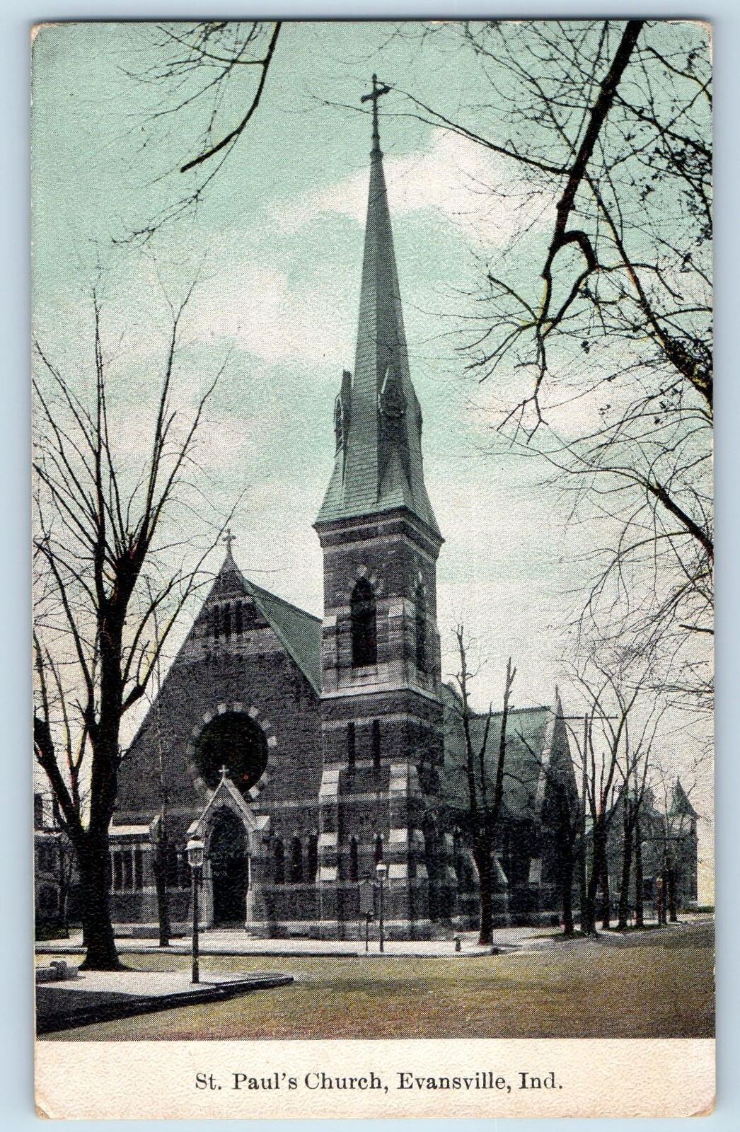 Evansville Indiana IN Postcard St. Paul\'s Church Exterior Roadside c1910s Trees