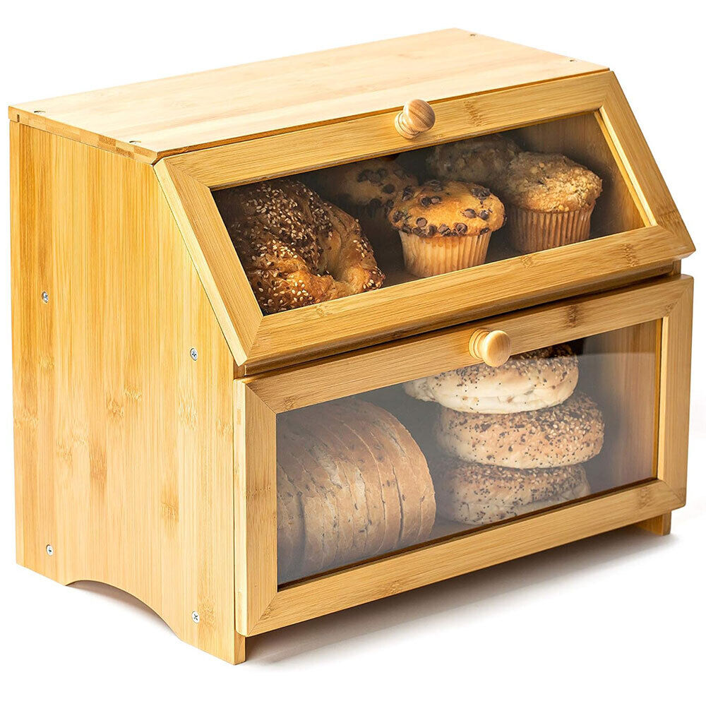 Double Layer Large Bamboo Wooden Bread Box Storage Container For Kitchen Counter