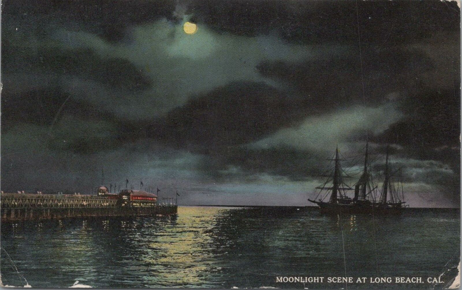 Postcard Moonlight Scene At Long Beach CA 1916