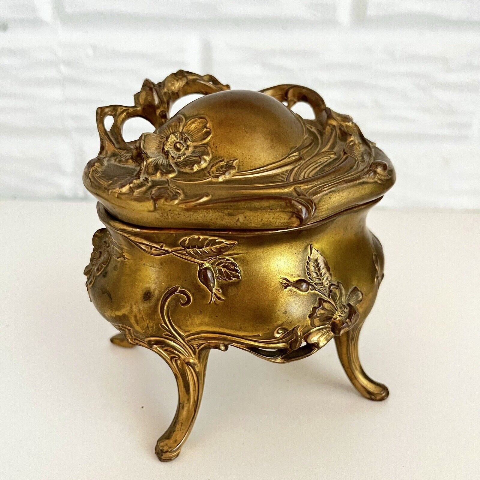 Vintage BRASS JEWELRY BOX Art Nouveau Gold Metal Trinket Casket