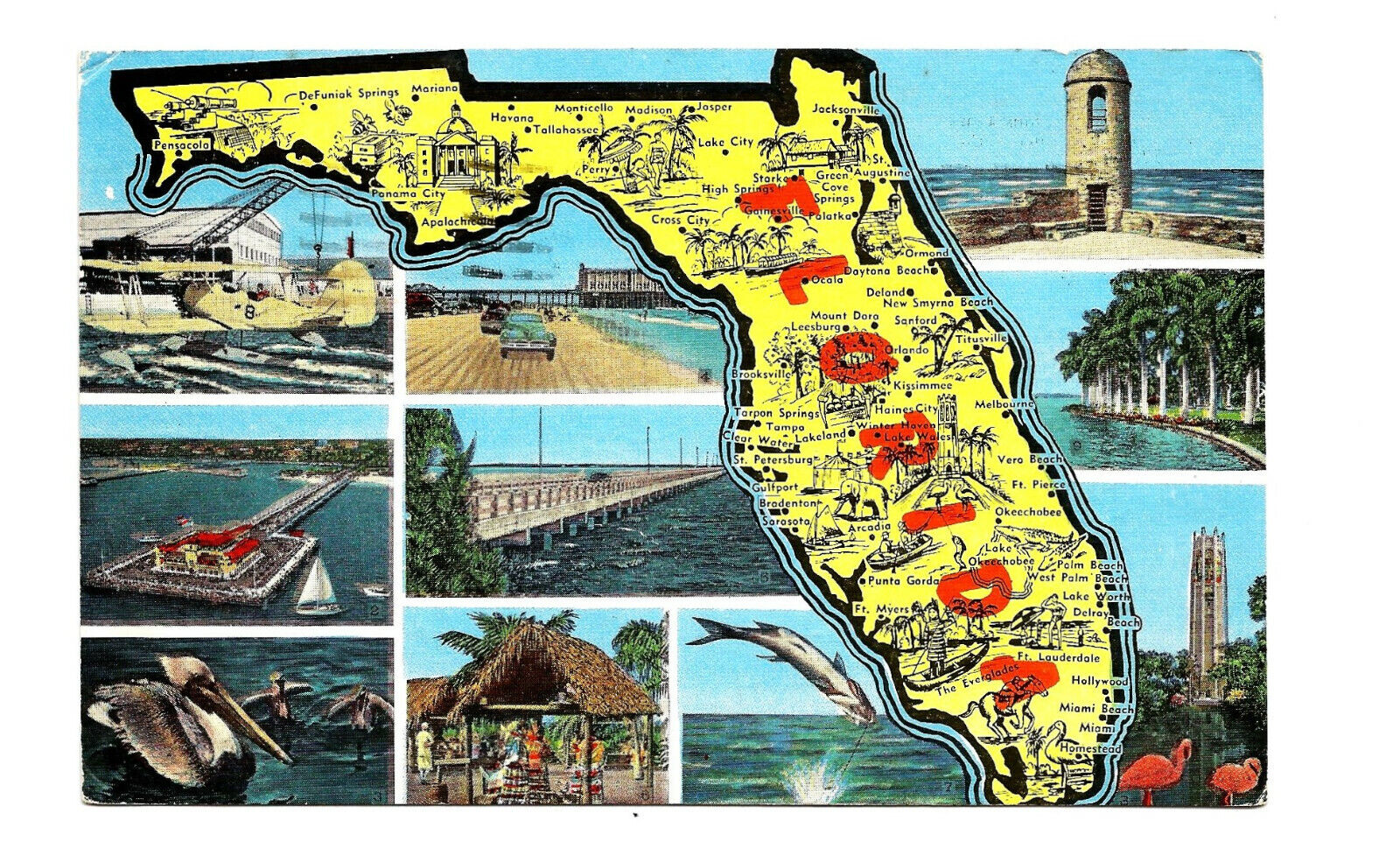 Florida Map Greetings Souvenir FL Postcard c1940s