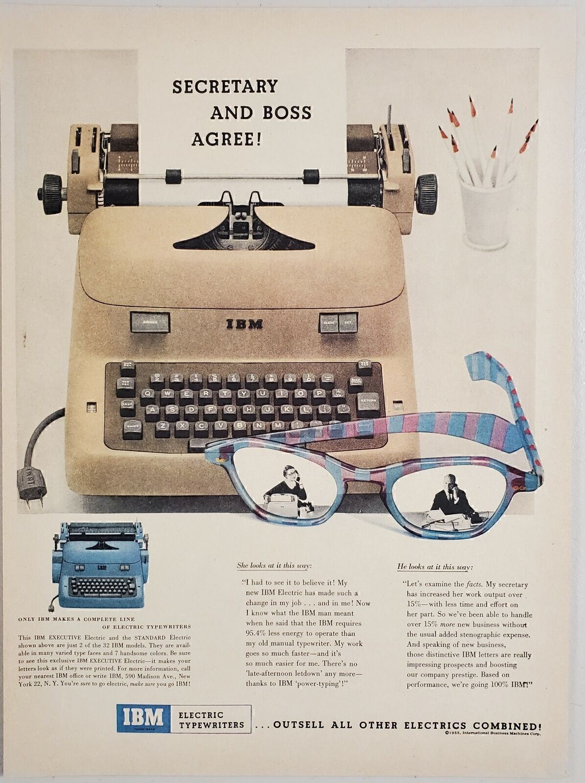 1955 Print Ad IBM Executive Electric Typewriters Secretary & Boss Agree New York
