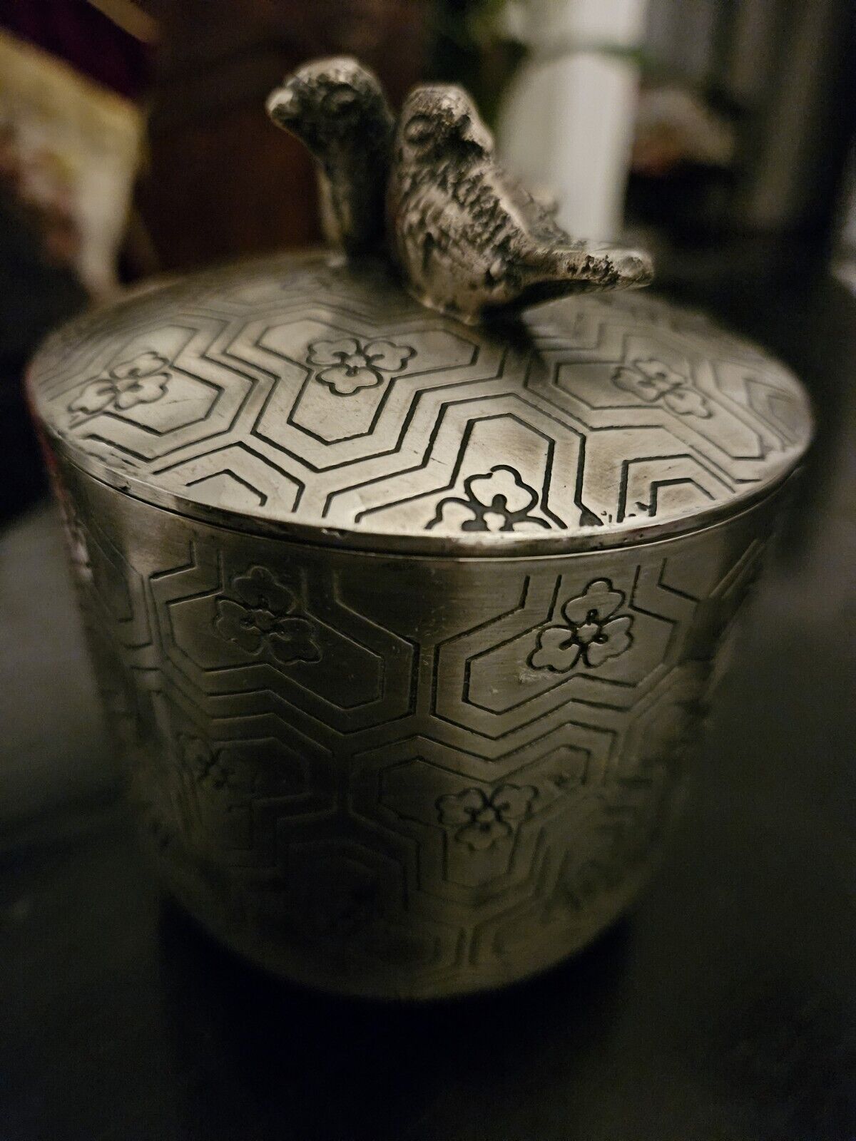 Anthropology Pewter Canister Decorated With Finial Birds On Lid 