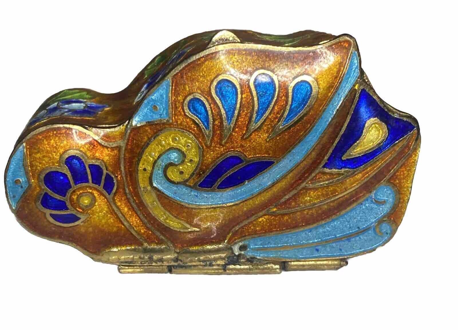 Vintage Cloisonne Enamel Unusual -Shaped Trinket Box With Peacock Motif