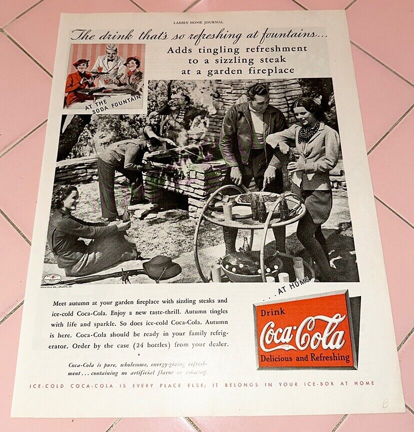 1935 Coca Cola Ad Coke Backyard BBQ Steak Fireplace Fountains & At Home 24 Case