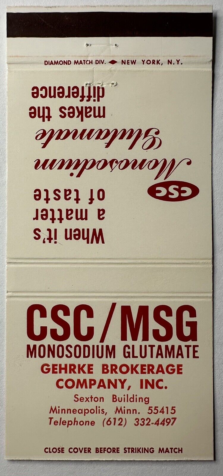 Vintage Matchbook Cover / Monosodium Glutamate (MSG)  Advertisement / Food